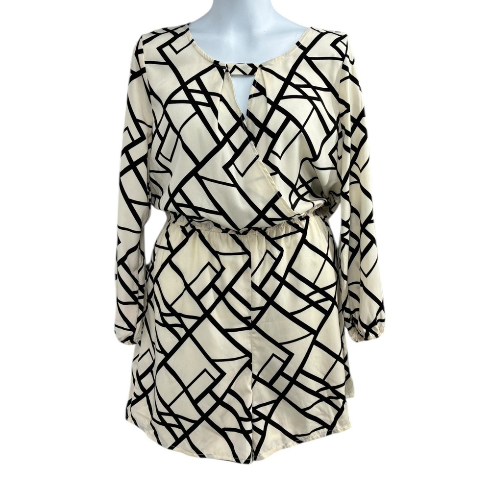 JustFab Abstract Print Long Sleeve Romper Cream Black‎ Elastic Waist L